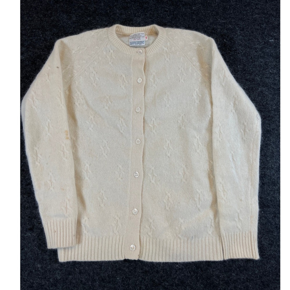Vintage Lambswool Angora Blend Cardigan Cream Diamond Knit Sweater Womens 38